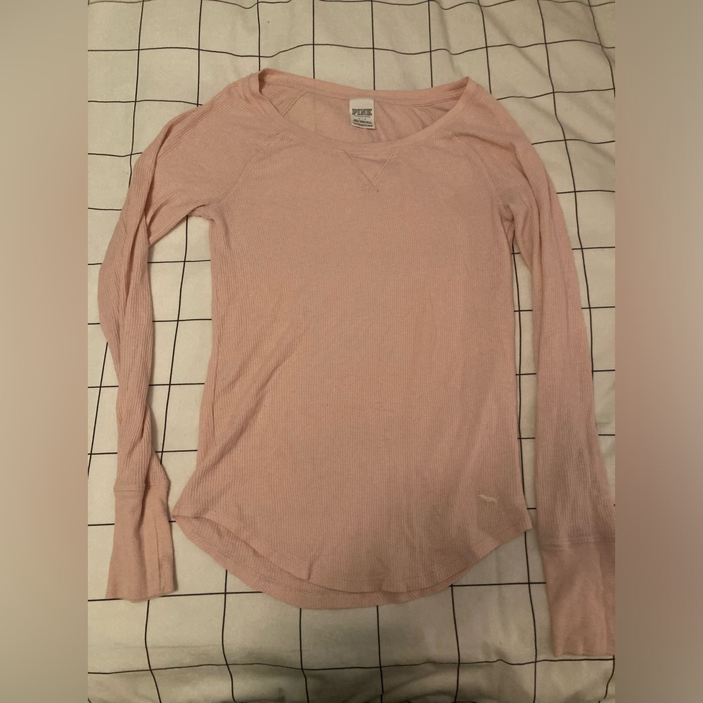 Victorias Secret Womens Waffle Knit Thermal T-Shirt Top Size S Pink Scoop Neck